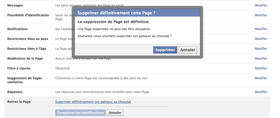 Supprimer une page Facebook